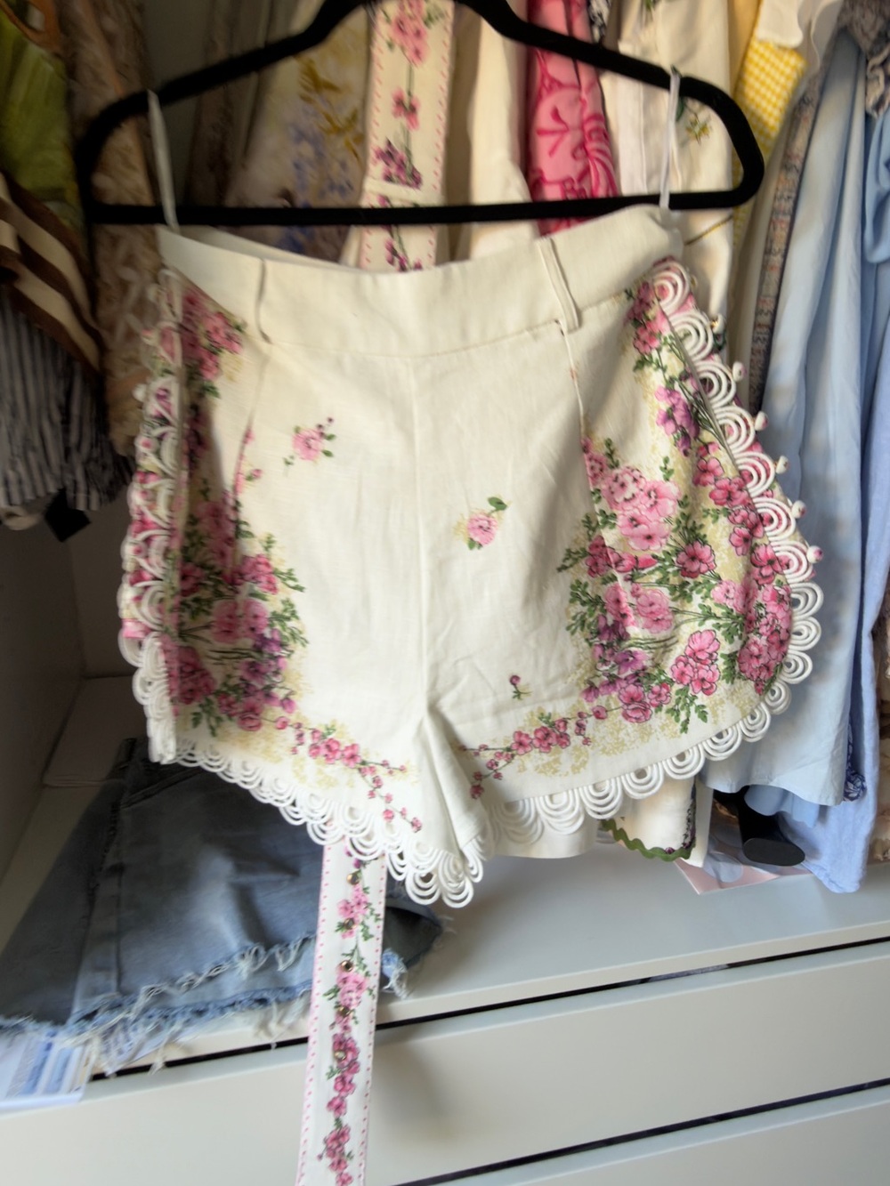 Zimmermann Cream High-Waist Floral Lace-Trim Shorts